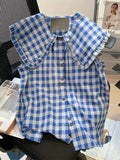 GETADME Zoki Cute Vintage Plaid Shirt Women Loose Sleeveless Summer Sweet Blouse Korean Retro Casual Peter Pan Collar Preppy Style Tops