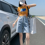 GETADME Summer New Korea Fashion Loose Women Jeans Shorts Purple Pink High Waist Straight Pockets Female Wide Short Pants