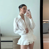 GETADME 여성용 화이트 쉬폰 미니 드레스 캐주얼 루즈 오버사이즈 플리츠 미니 드레스 시스루 여름 해변 우아한 셔츠 드레스