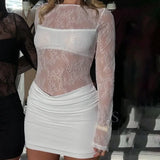 Robe courte GETADME Talenza en dentelle transparente taille haute, robe courte unie à imprimé patchwork pour femme, robe courte sexy et moulante à manches longues, style Y2K