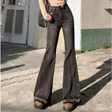GETADME Woman High Waist Vintage Casual Flare Jeans Girls Elastic Slim Fit Bell Bottom Pants Lady Fashion Blue Black Grey Denim Trousers