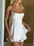 GETADME Satin Silk Women Sexy Cami Playsuits Dress Solid Cowl Neck Sleeveless Short Jumpsuits Summer Cross Tie-Up Backless Romper