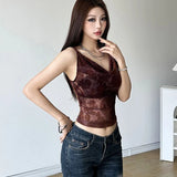 GETADME Summer Hot Girl Retro Brown Crochet Flower Printed Camisole For Women