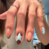 Getadme 10pcs Handmade French Short Press On Nails Blue Brown Polka Dot Bow Star Design Fake Nail Wearable Nail Art Tips for Girls