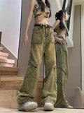 Getadme-Autumn And Winter New Japanese Overalls Jeans Men And Women American Retro High Street Micro-la Washed Wide-leg Straight Pants