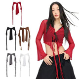 GETADME Jeans Pants Decor Irregular Jazz Dance Scarf See Through Streetwear Y2K Belt High Waist Harajuku Jeans Decor
