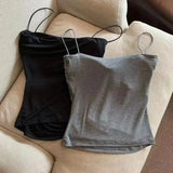 GETADME Women's Sleeveless Pleated Slim Fit Vest Sexy Hot Girl Short Top With Thin Shoulder Straps Solid Color Simple Fashion Vest