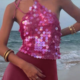 GETADME Y2k Sequin Beaded Halter Tops Boho Beach Backless Camis E-girl Sexy Club Party Sleeveless Shirt Vest Vintage Crop Tops Women