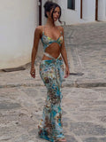 GETADME 여성 섹시 프린트 비키니 패치워크 러플 롱 드레스 패션 홀로우 오프 숄더 슬림 홀터 베스 티도 레이디 뉴 비치 클럽웨어