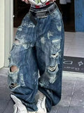 GETADME Y2K Ripped Jeans Women American Street Washed Casual Summer High Waisted Loose Versatile Straight Leg Wide Leg Pants