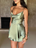 GETADME Satin Silk Women Sexy Cami Playsuits Dress Solid Cowl Neck Sleeveless Short Jumpsuits Summer Cross Tie-Up Backless Romper