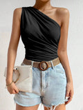 GETADME Women One Shoulder Pleated Tank Top Summer Solid Sleeveless Ruched T-shirt Streetwear Off the Shoulder Top