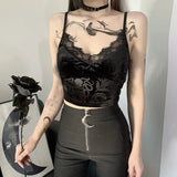 GETADME Black top Vintage Gothic Velvet Black Women Camis Grunge Punk Sexy Lace Trim Bodycon Crop Tops Elegant Backless Emo Streetwear