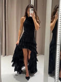 GETADME Elegant Ruffle Party Dress Women Sexy Backless Sleeveless Halter Female Dresses 2025 Summer Chic Irregular Hem Black Lady Robe