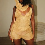 GETADME 반짝이는 스팽글 크로셰 후드 홀터 크롭 탑 &amp; 스키니 반바지 3피스 세트, 섹시 백리스 힙스터 레이브 Y2K 매칭 의상