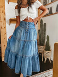 GETADME Bohemia Maxi Long Skirts Women Spring Summer Elastic High Waist Jean Skirt Ladies Vintage A-Line Ruffle Pleated Denim Skirts