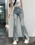 Getadme-American Split Jeans Women Pink Bandage High Waist Irregular Spliced Denim Pants Zipper Fly Trousers Y2k Pantalon Femme