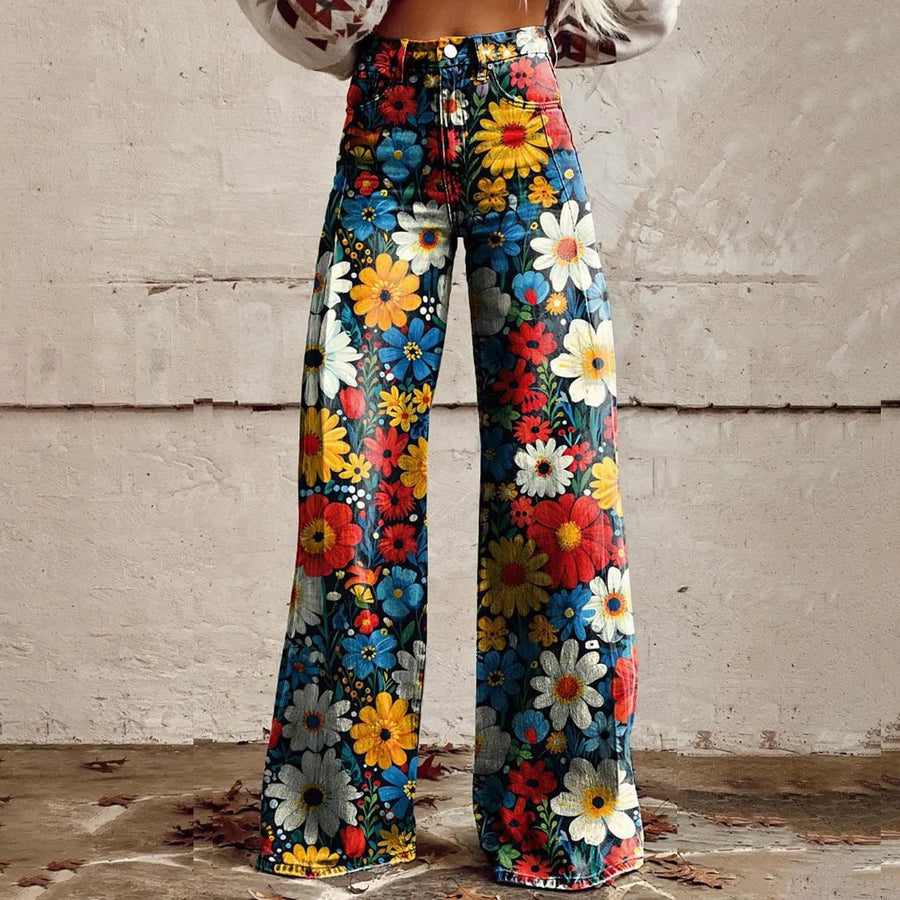 GETADME Vintage Floral Print Wide-leg pants for women High waist straight pants Spring Summer Loose Pant Street Fashion y2k clothes