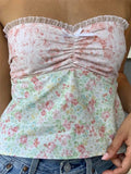 Retro Women Strapless Off Shoulder Tube Tops Lace Patchwork Summer Plaid Floral Print Tank Aesthetic Backless Vest