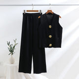 GETADME Vest Set Gold Botton OL Style 2025 New V Neck Set 2 Pieces Sweater Set For Summer Baggy Wide Leg Long Pants