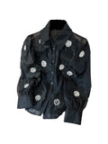 GETADME Spring Summer Long Sleeve Sequins Petals Applique White Beige Mesh Shirts and Blouses For Women Sexy See- through Tops