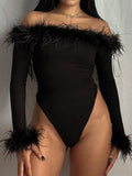 GETADME 새로운 섹시한 여성 긴팔 깃털 장식 바디수트 여성 바디콘 오프숄더 슬래시 넥 스키니 베이직 레오타드 탑 핫 클럽웨어