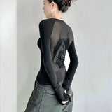 Getadme-Black Retro Angel Print T-shirt for Women 2024 Autumn Fashion Slim Fit Tee Shirt Y2k E-Girl Long Sleeve Bottoming Tops Mujer