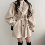 Vintage Women Coat Elegant Korean Fashion Solid Thick Warm Mid Length Lapel Belt Jacket Office Lady Slim Casual Outwear