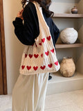 Getadme-Fashionable Valentine's Day Solid Color Knitted Material with Heart shaped Decoration Open Top Women's One Shoulder Tote Bag