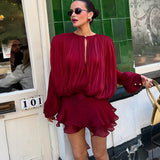 GETADME Ticketsx Summer Shiny One Shoulder Skinny Pleated Mini Dress Elegant Solid Ruched Long Sleeve Vestidos Lady Party Evening Dress