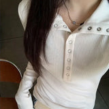 GETADME Y2K High Street Women Sweaters 2025 New Gray White Button Up Bottoming Pullover Woman Slim Fit Long Sleeve Knitted T-Shirt