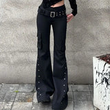 GETADME Retro New Pure Black Rivet Design Belt Decorative Slim Pants for Women Y2K Harajuku Goth Low-Waisted Flared Pants