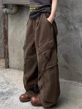 GETADME American Retro Casual Harajuku Jeans Women Mutil Pockets Vintage Aesthetic Denim Pants Y2K Wide Leg Punk Baggy Brown Trousers