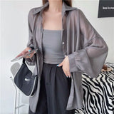 GETADME Shirt for Women Blouse Long Sleeve Top Female Chiffon Loose Cardigan Thin Sexy Solid Color Casual Shirt