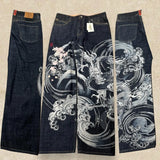 GETADME Japanese Harajuku Jeans Mens New Dragon High Quality Jeans Gothic Y2K Vintage Hip Hop Streetwear Denim Fabric Wide Leg Pants