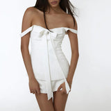 Getadme-Elegant Bow Patchwork White Dress French Gentle Low-cut Sleeveless Mini Dresses With Bodycon Skirts Women 2 Piece Set Y2K Clothe