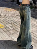 Getadme -Harajuku Fashion Wide Leg Pants Baggy Full Length High Street Streetwear Denim Jeans Print Pockets Straight Women Casual Retro