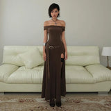 GETADME 여성용 오픈 백 슬릿 롱 드레스, 단색, 슬림 핏, 하이 웨이스트, 원라인 칼라, 유럽 및 미국 스타일, 여름