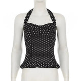 GETADME New Polka Dot Print Tops Women Halter Low-Neck Bandage Ruffles Backless Sleeveless Skinny  Y2K Fashion Street Versatile Vest