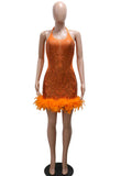 GETADME Beyprern Beautiful Mesh Sequin Feather Glam Dress Luxury Woman Party Dress Glitter Sleeveless Night Out Dresses Birthday Outfits