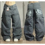 GETADME American New Fashion Geometric Pattern Embroidered Baggy Jeans Women Y2K Harajuku Vintage Hip-hop Popular Casual Wide-leg Pants