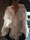 GETADME Sexy See-through V-neck Long Sleeve Chiffon Top Beach Party Shirt Trans-seasonal Women's Low Cut Shirt Ruffle Solid Color Tops