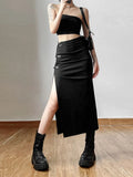 GETADME Black Sexy Split Simple Casual All-Match Hot Street Outing Cool Mature Vitality Personality Trend Basic Women'S Skirt