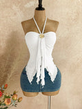 GETADME Women Halter Strapless Ruched Front Tie Ruffled Irregular Hem Slim Fit Cami Top Casual Going Out Fashion Top