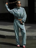 GETADME Women Sweatshirt Pants Suit Casual Stand Collar Zip-Up Jackets Loose Elastic Waist Pants Set Female 2025 Velvet Tracksuits