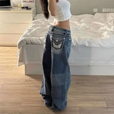 GETADME American retro distressed washed pocket embroidery jeans hot diamond denim pants women's new street straight leg pants
