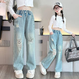 Spring Autumn Teenage Girls Denim Wide Leg Pants Children Straight Ripped Trousers Medium Girls Loose Breathable Solid Jeans