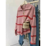 GETADME New autumn and winter zipper striped lapel women sweater loose lazy casual contrast sweater pullover men and women knitted tops