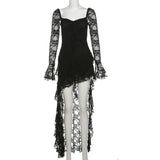 GETADME SylCue Mesh Patchwork Long Dresses Women Autumn New Style Square Collar Flared Sleeve Ruffle Ribbon Street Sexy Fashion Vestidos