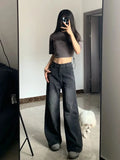 GETADME Korean Vintage High Waist Women's Jeans Y2K Slimming Pear-Shaped Loose Straight Bell Bottoms Black Gray Baggy Denim Trousers